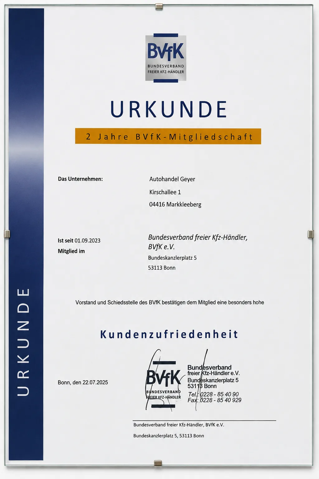 BVfK-Mitgliedschaft und Kundenzufriedenheit für GEYERLINER Autohandel Geyer in Markkleeberg