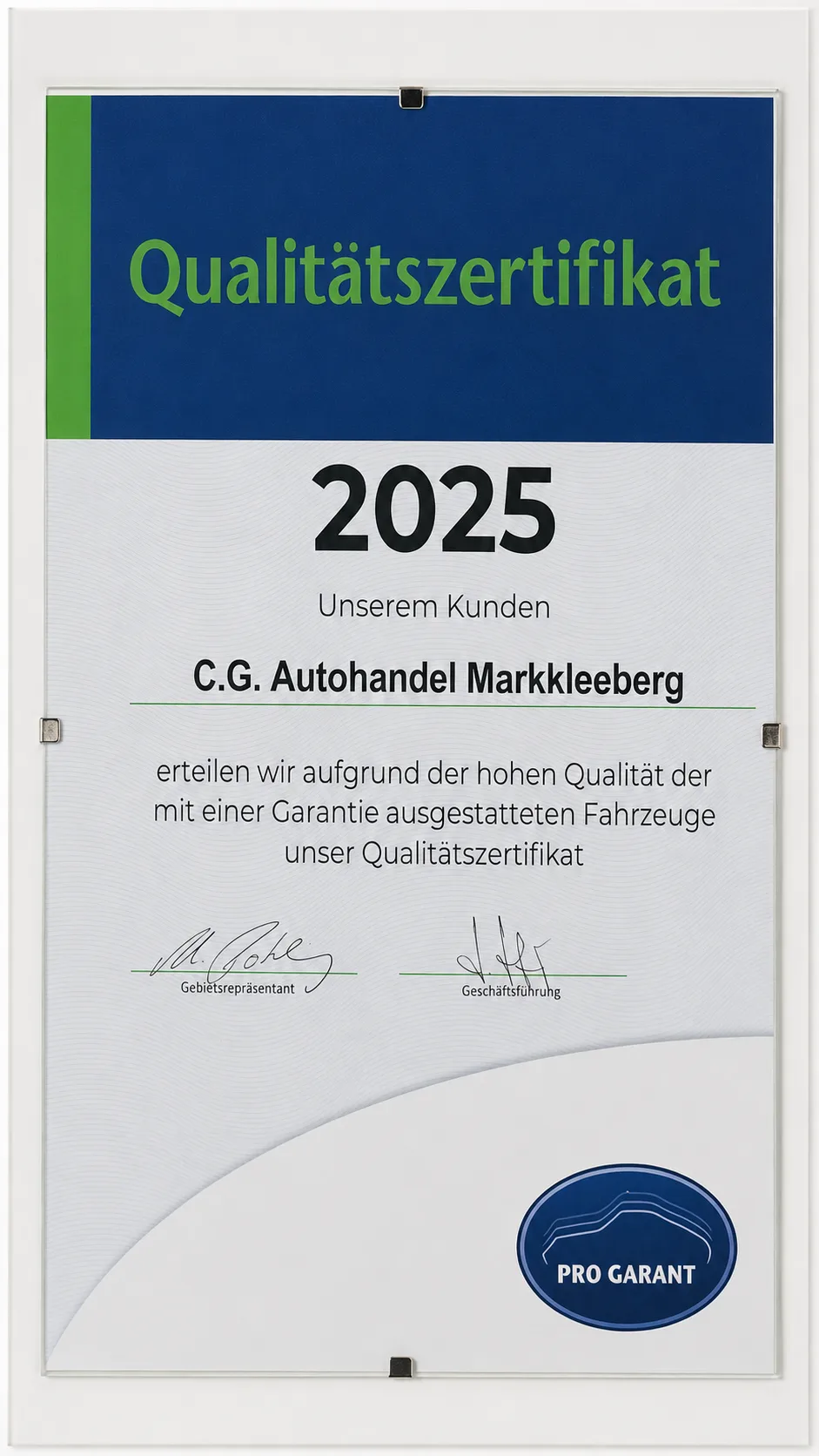 Pro Garant Qualitätszertifikat 2025 für GEYERLINER Autohandel Geyer in Markkleeberg