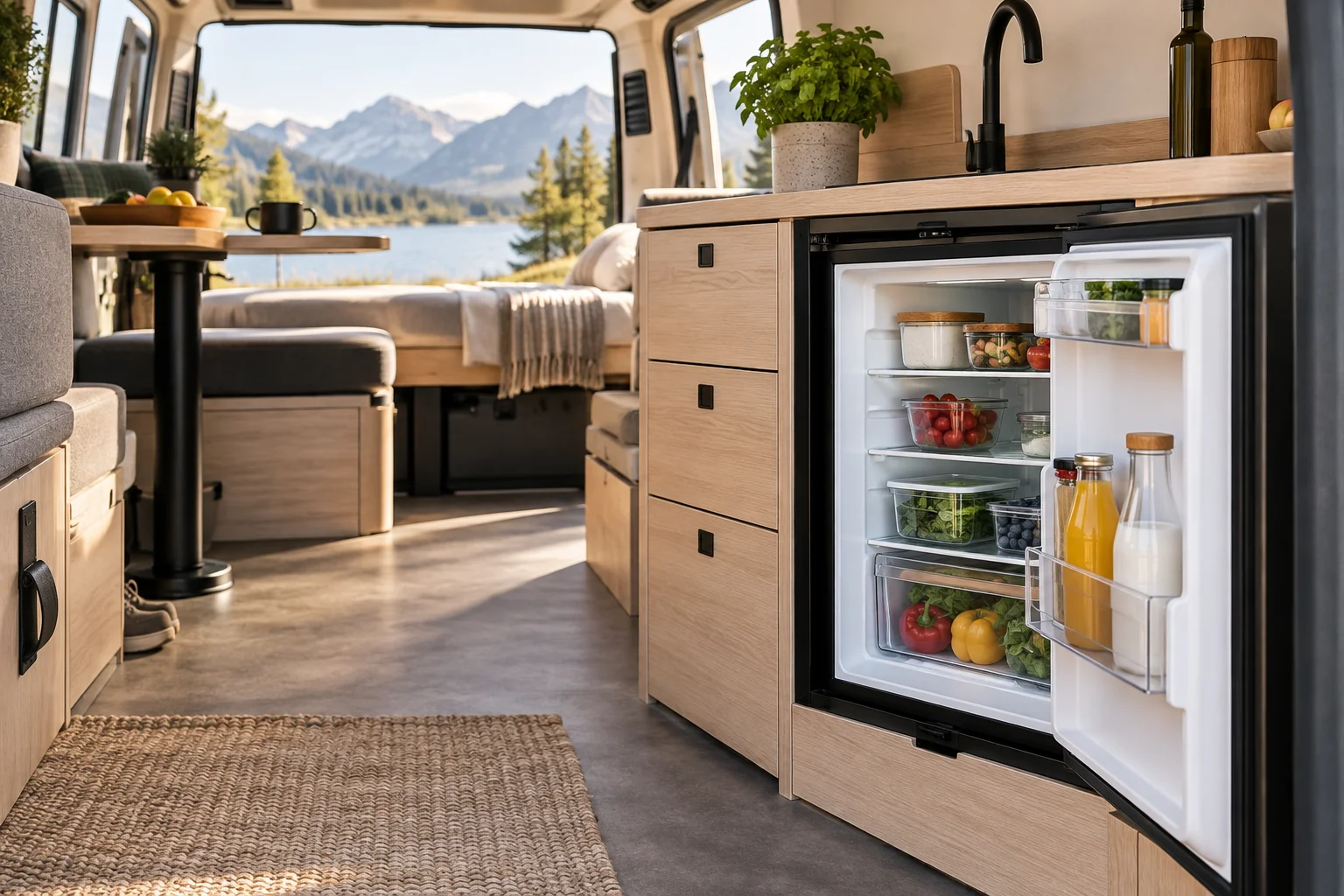 Kompressorkühlschrank in einem modernen Campervan