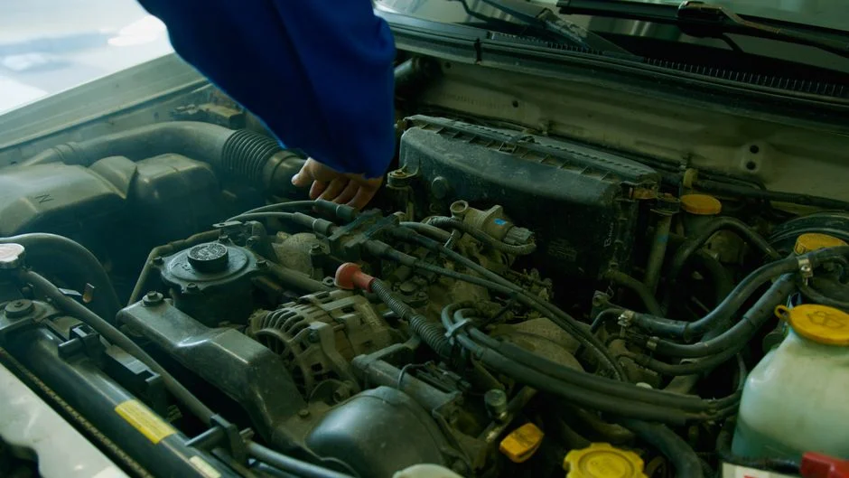 Mechaniker in Arbeitskleidung bei der Prüfung eines Motorraums bei Tageslicht