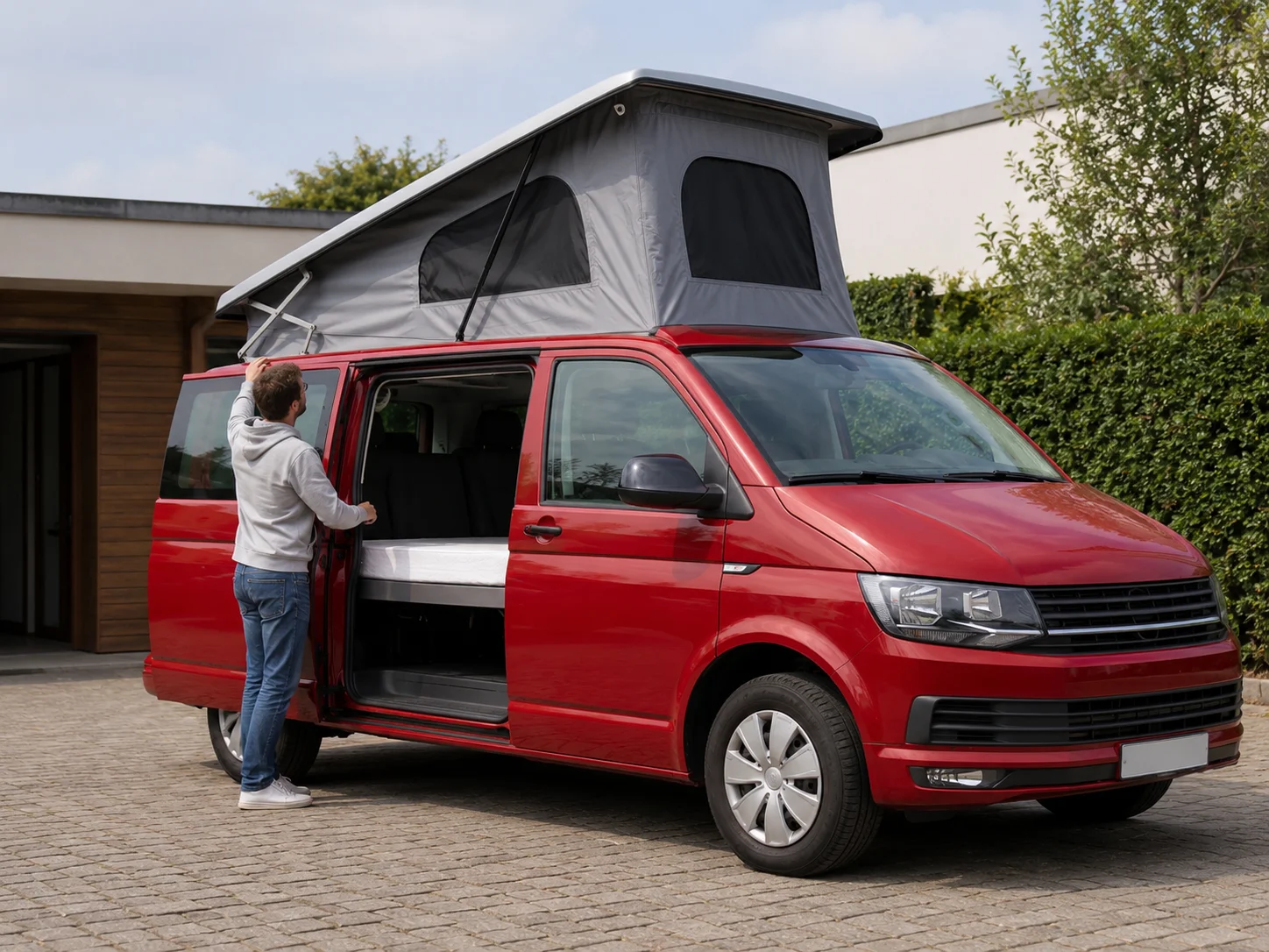 Aufstelldach am VW T6 geöffnet – Nachrüstung mit zusätzlicher Stehhöhe und Schlafplatz